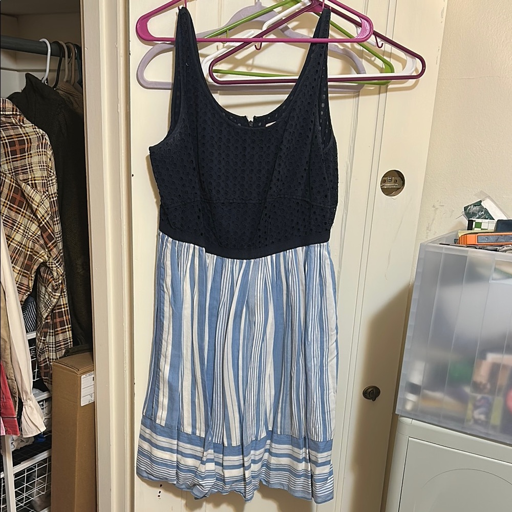 LOFT Navy and Blue Striped Midi Dress